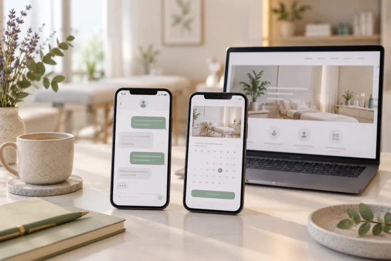 Two phones showing a generic chat and separate website calendar beside a clinic website laptop