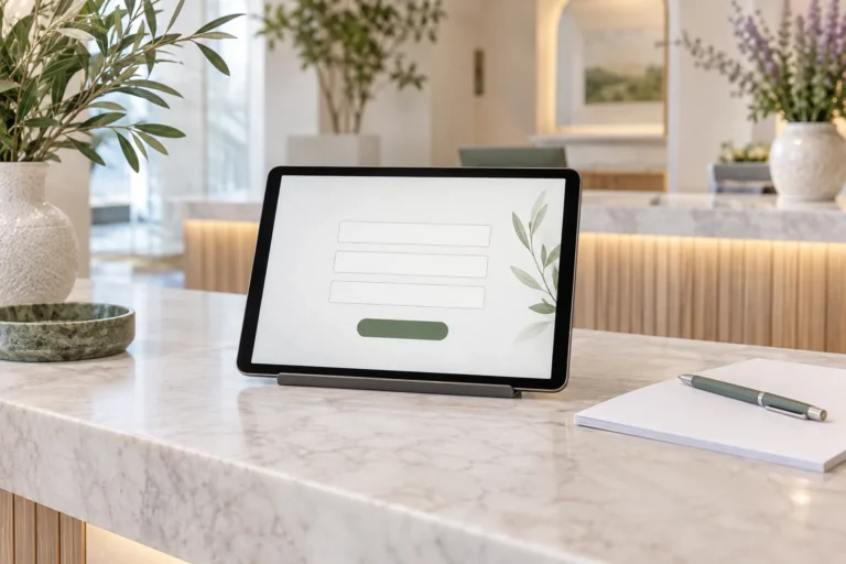 Clinic reception tablet showing a short empty contact form beside blank paper and a pen