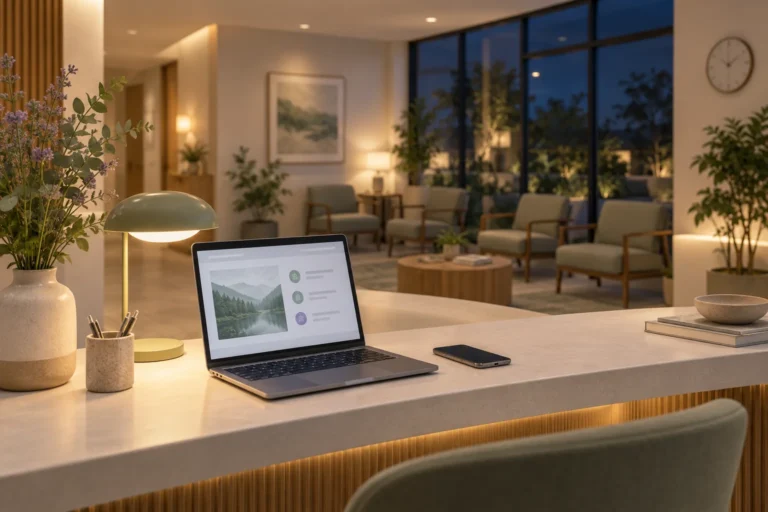 Empty clinic reception at dusk with a softly lit laptop and waiting-area chairs