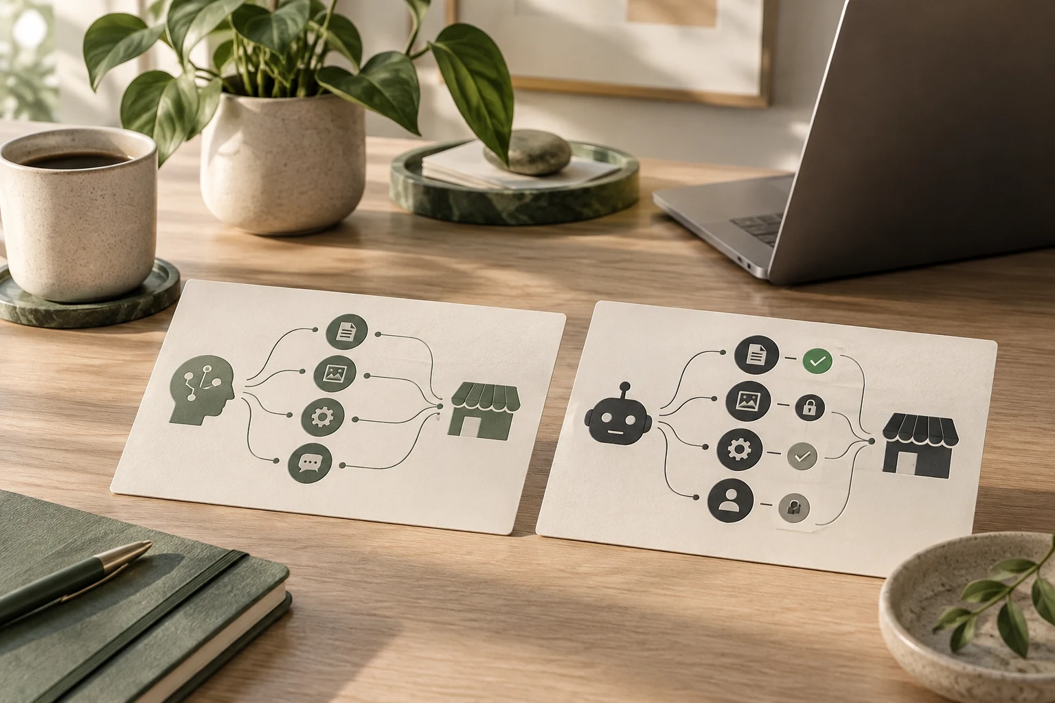Laptop and comparison cards representing different site connector configurations