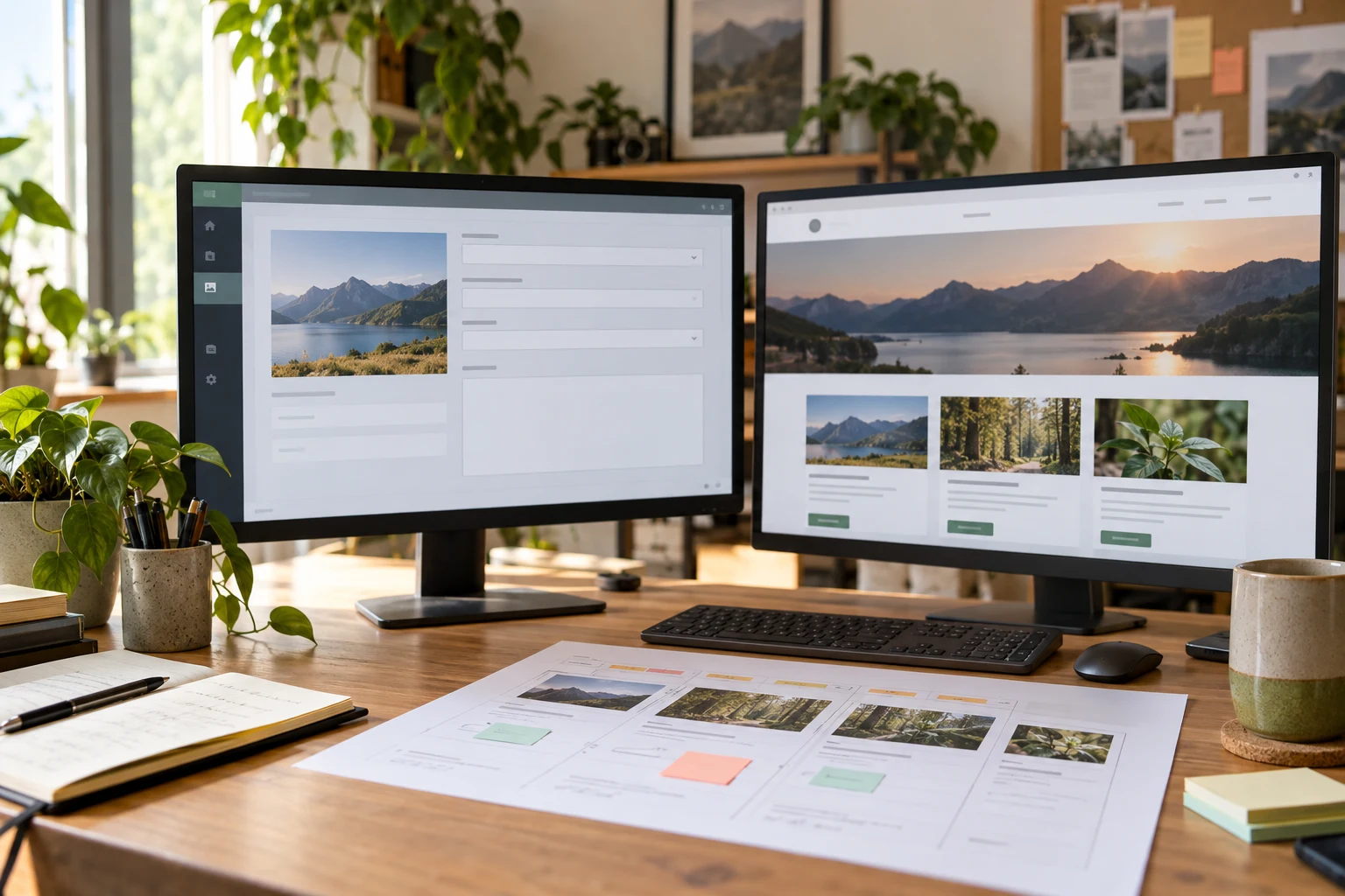 Content editor records and matching article cards on two screens at an editorial desk