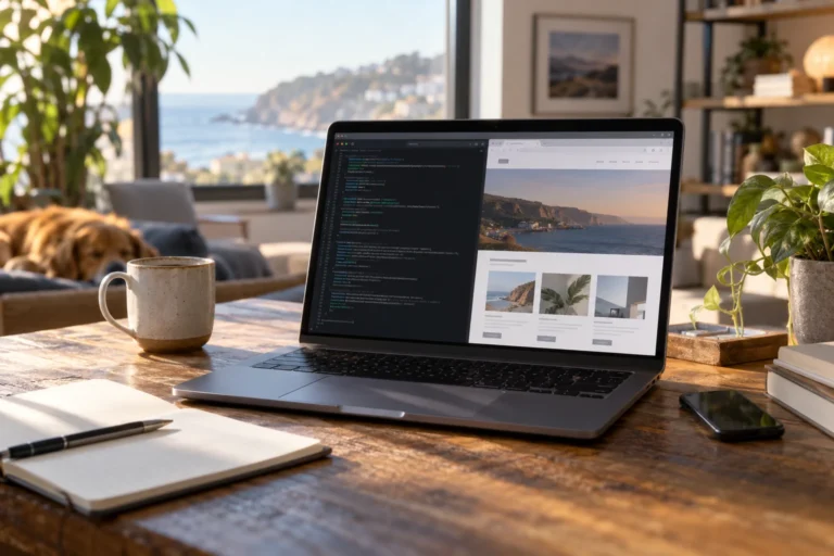 Laptop showing a conceptual terminal and website preview