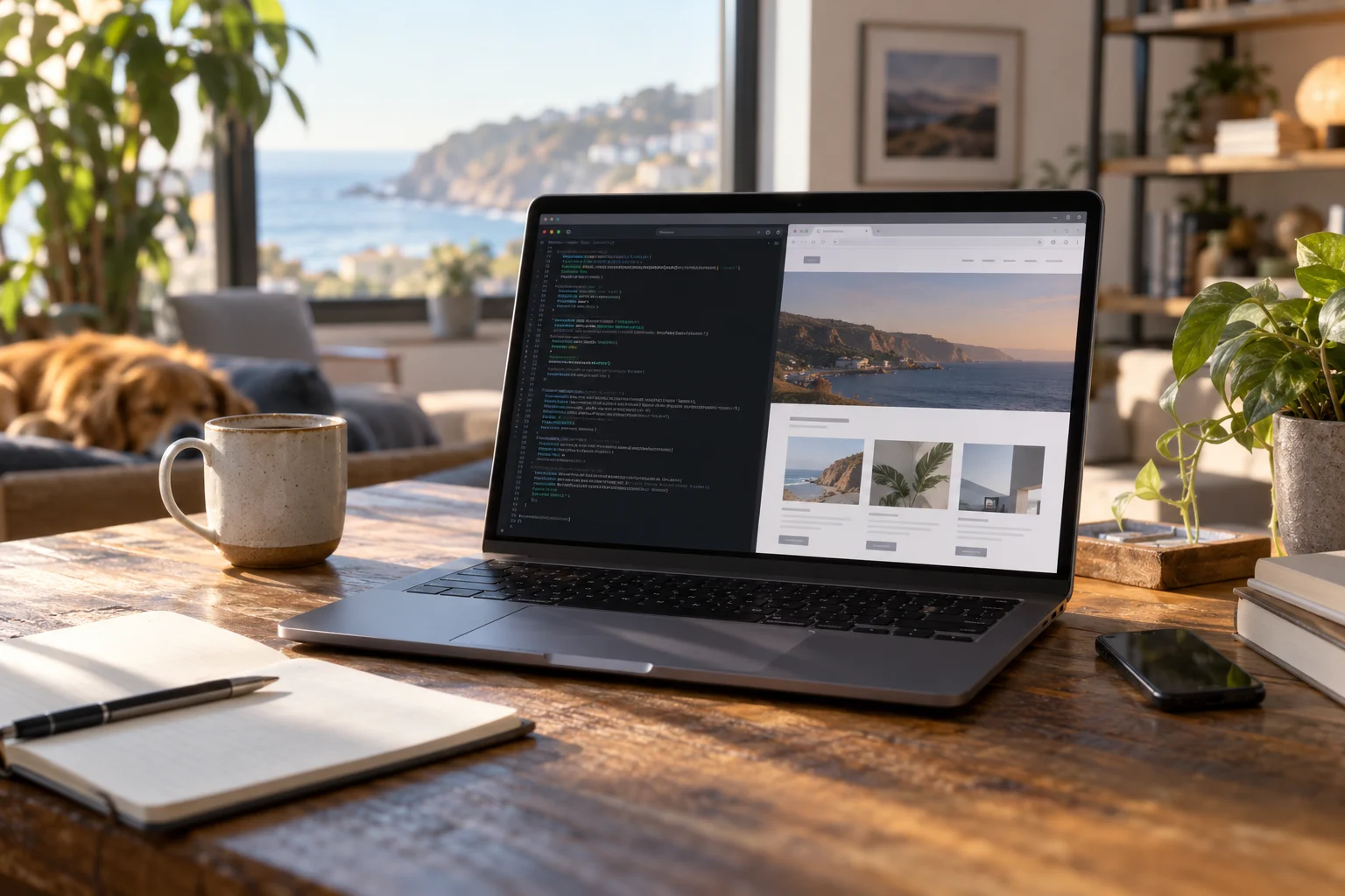 Laptop showing a conceptual terminal and website preview