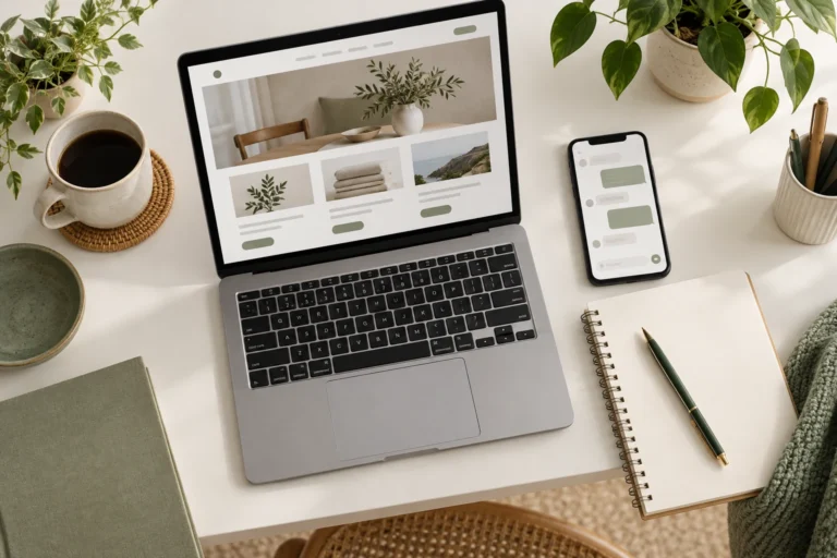 Website content on a laptop beside a messaging phone on a white desk