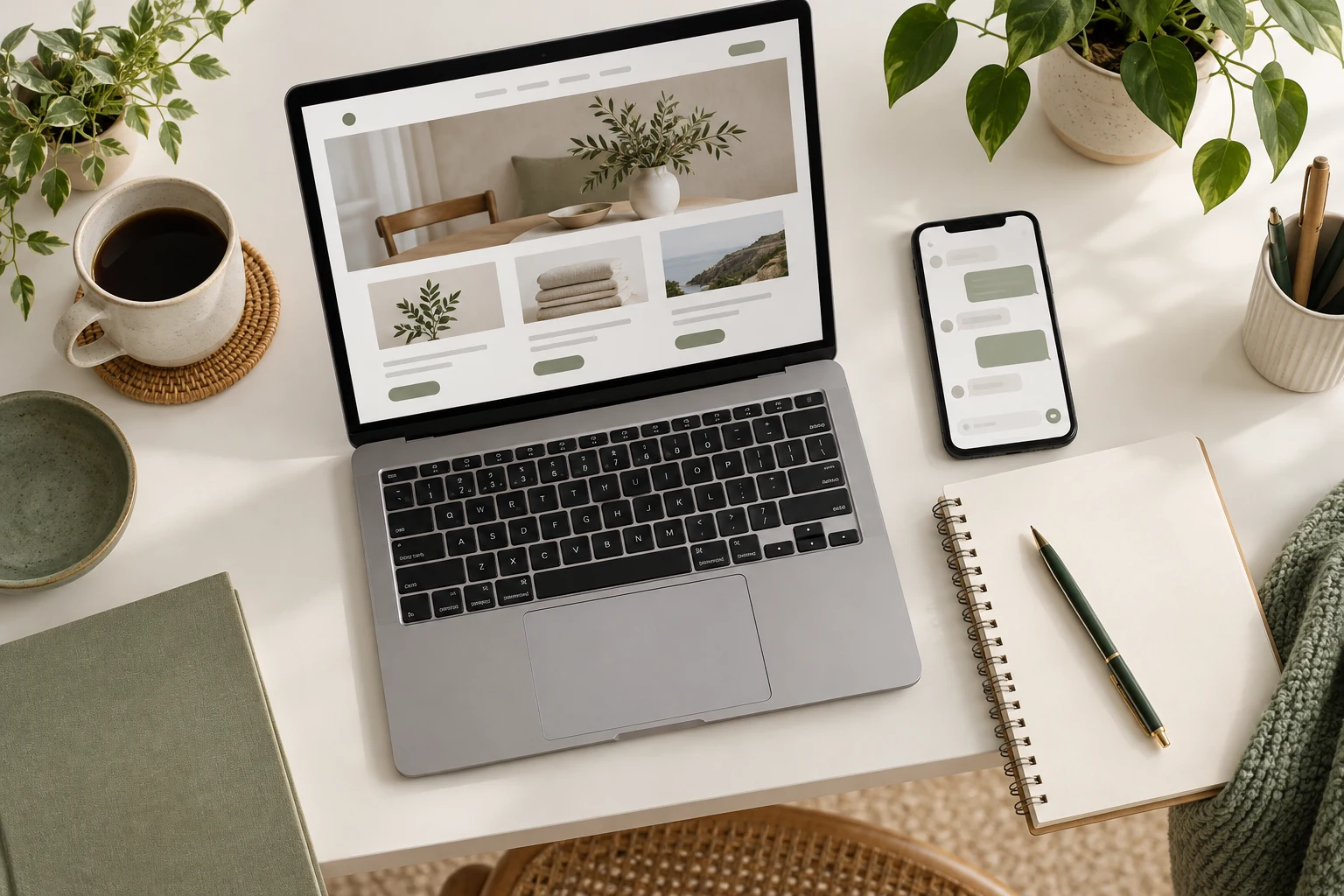 Website content on a laptop beside a messaging phone on a white desk