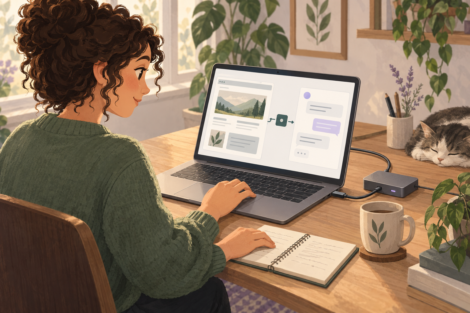 Illustrated website owner reviewing a laptop connection between a website and an AI assistant