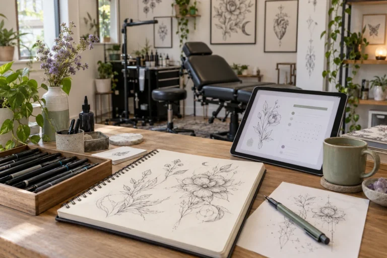 Tattoo artist consultation desk with design sketches and a consultation calendar on a tablet