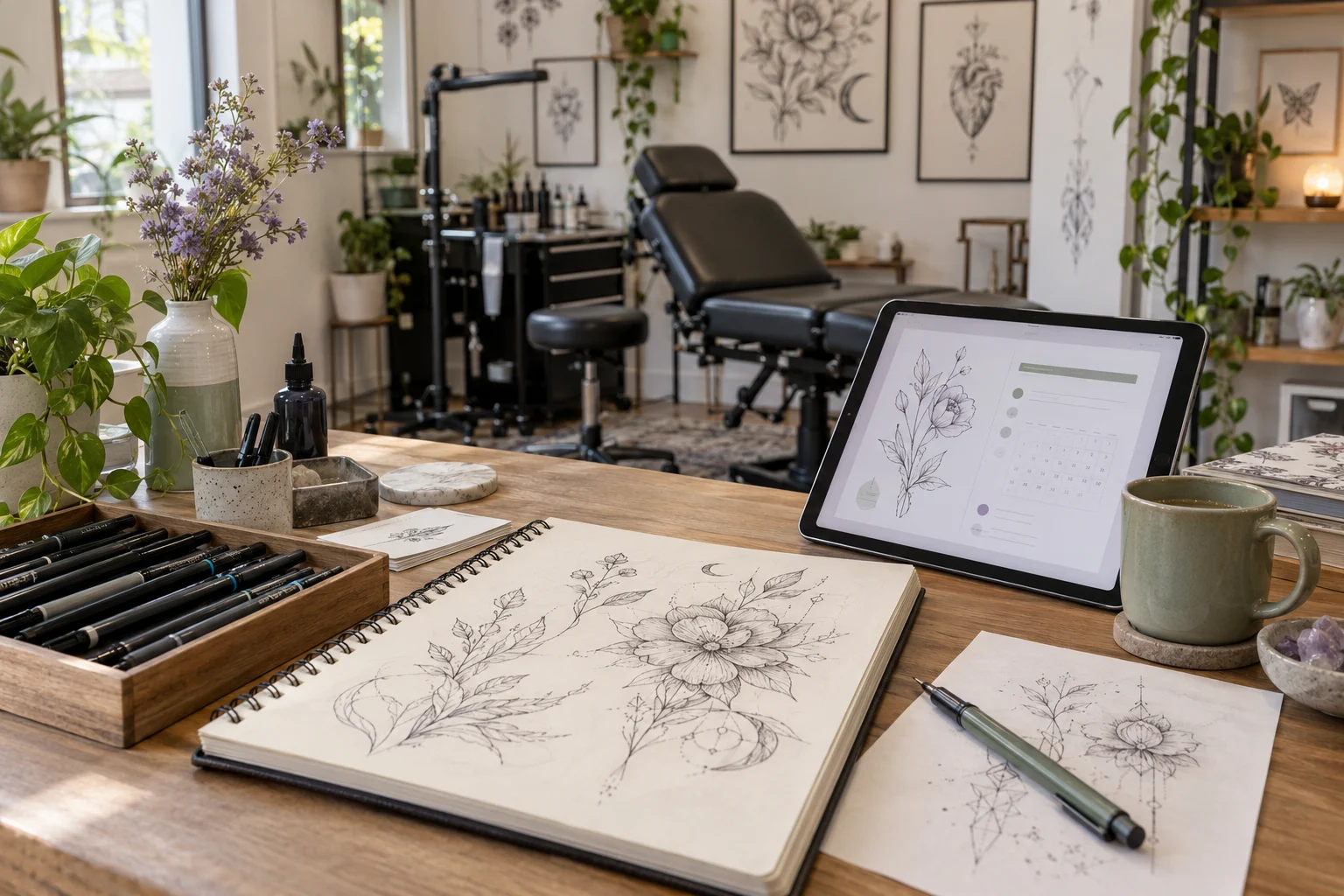 Tattoo artist consultation desk with design sketches and a consultation calendar on a tablet