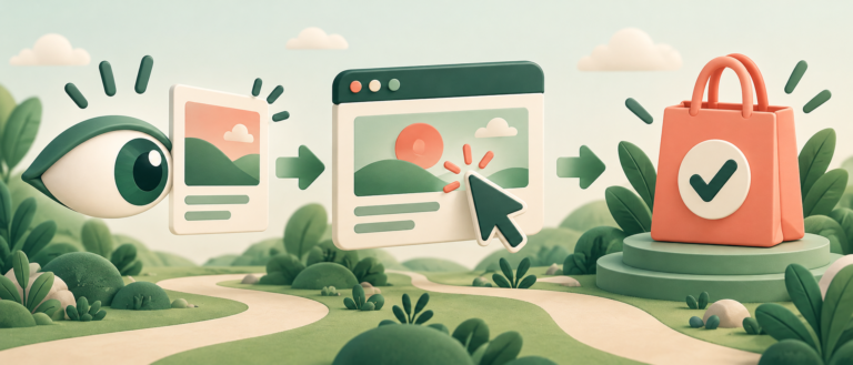 Illustrated sequence of an ad-view eye, a website click and a checked shopping bag