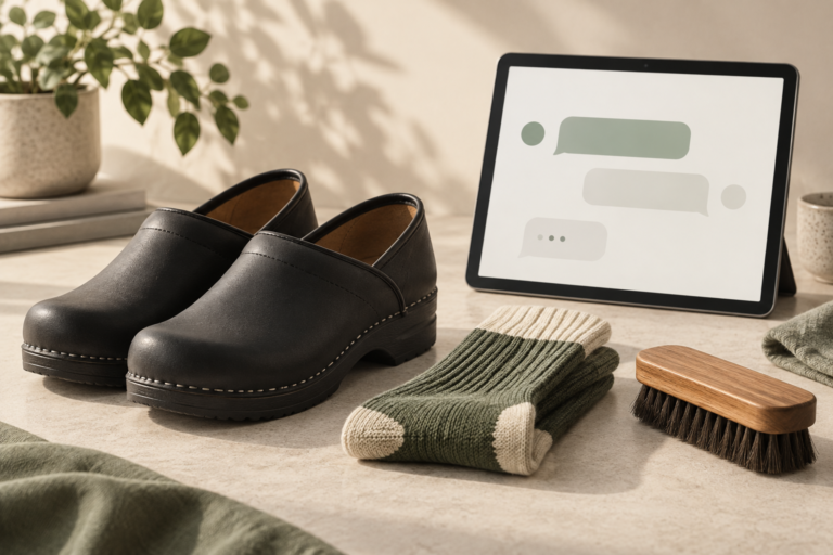 Work clogs with suitable socks and a shoe care brush beside a tablet with illustrated chat bubbles