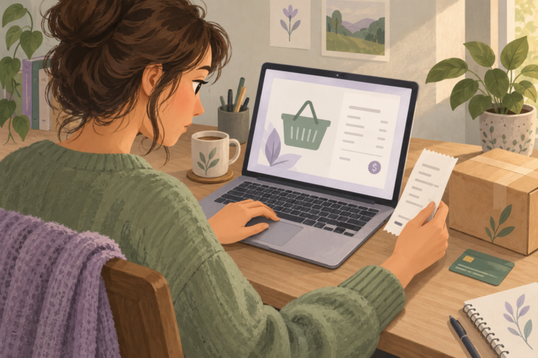 Illustrated shopper reviewing an order on a laptop beside a receipt and parcel