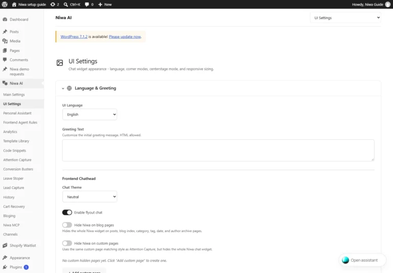Niwa AI UI Settings with launcher, appearance and responsive positioning controls