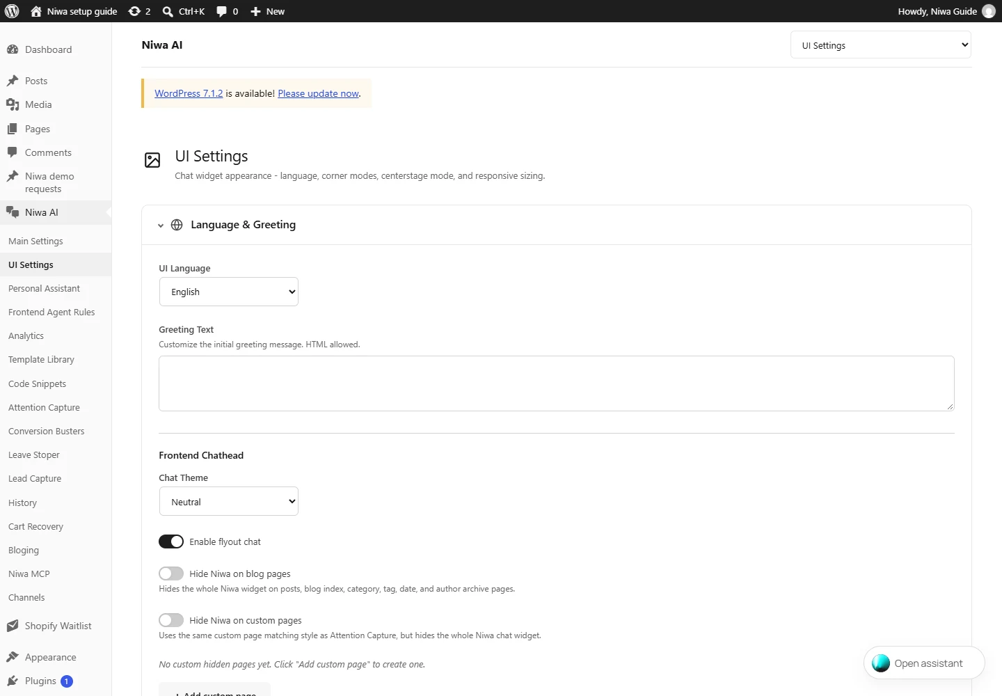 Niwa AI UI Settings with launcher, appearance and responsive positioning controls