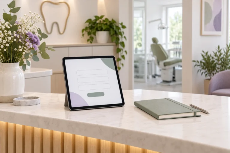 Tablet with a minimal blank contact form beside a closed notebook in a dental reception area