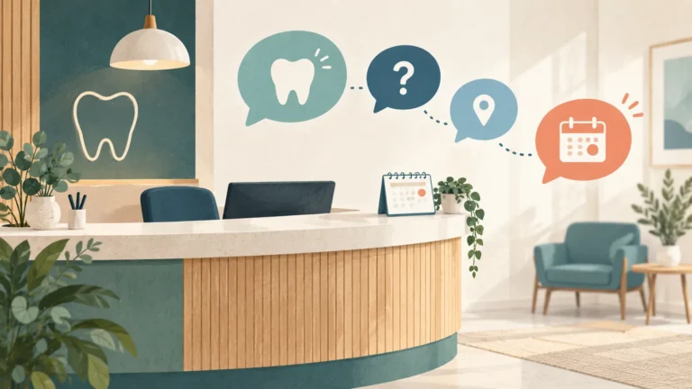 Conceptual illustration of a dental reception desk with speech bubbles and a calendar