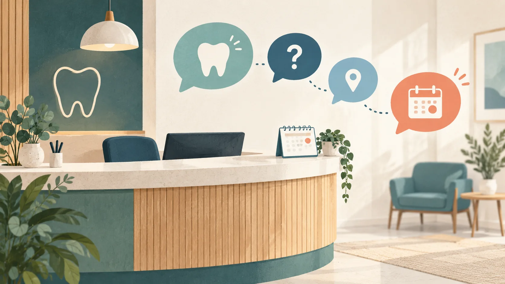Conceptual illustration of a dental reception desk with speech bubbles and a calendar