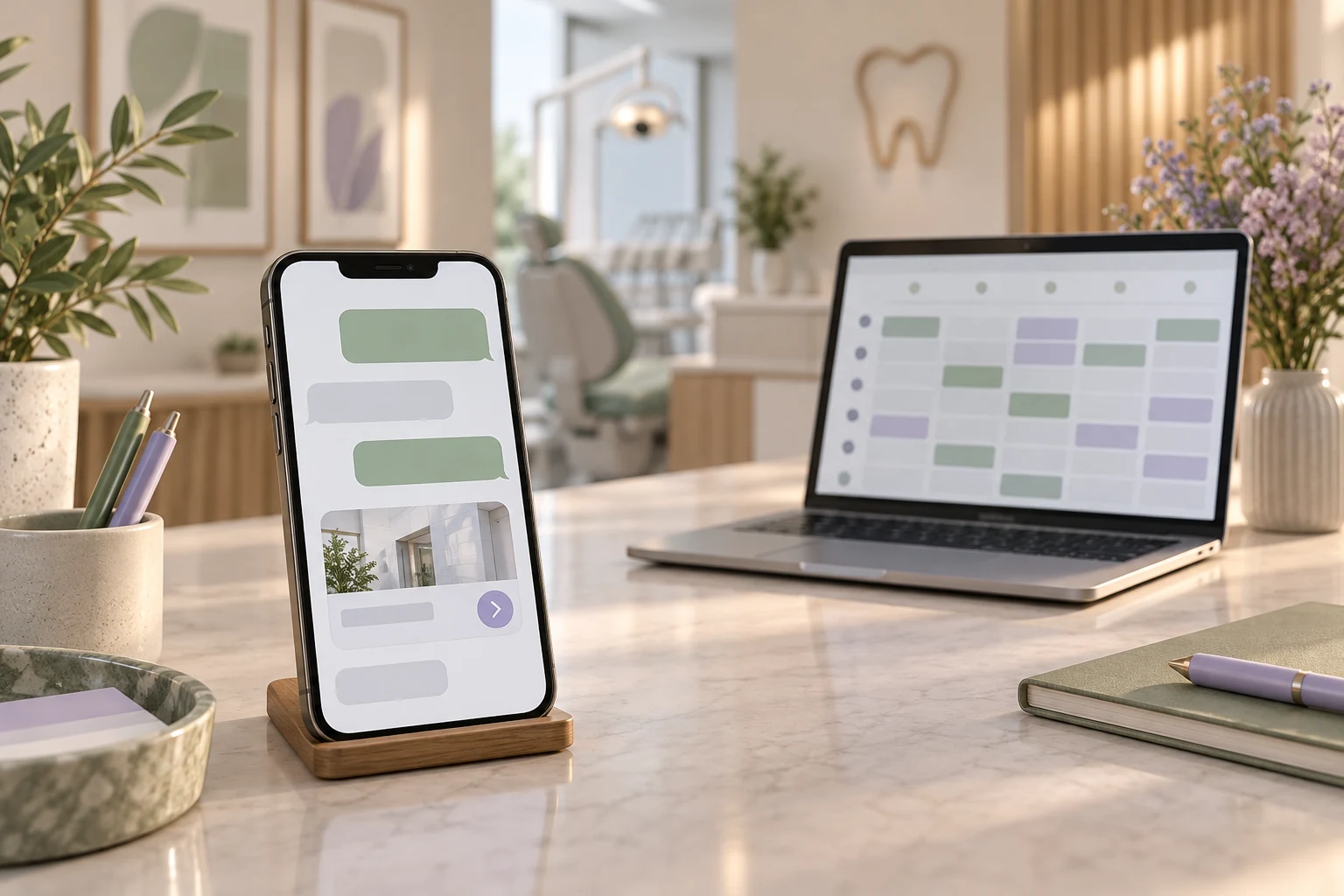Phone with blank green chat bubbles and a website link card beside a laptop booking calendar in a dental practice