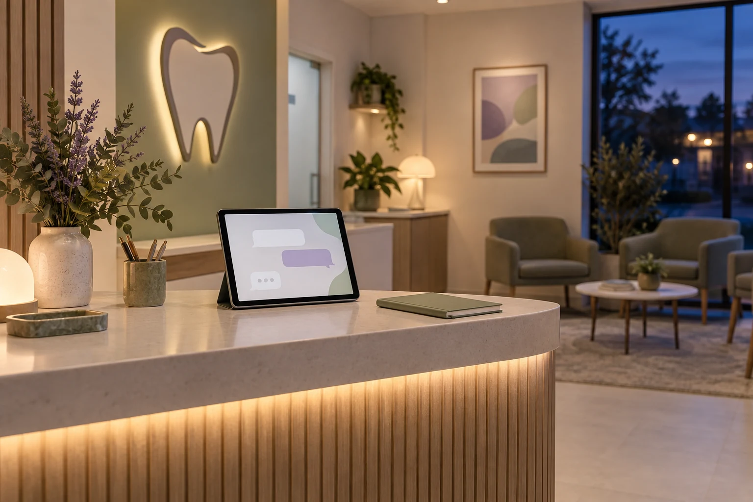 Quiet dental reception at dusk with a tablet and closed desk