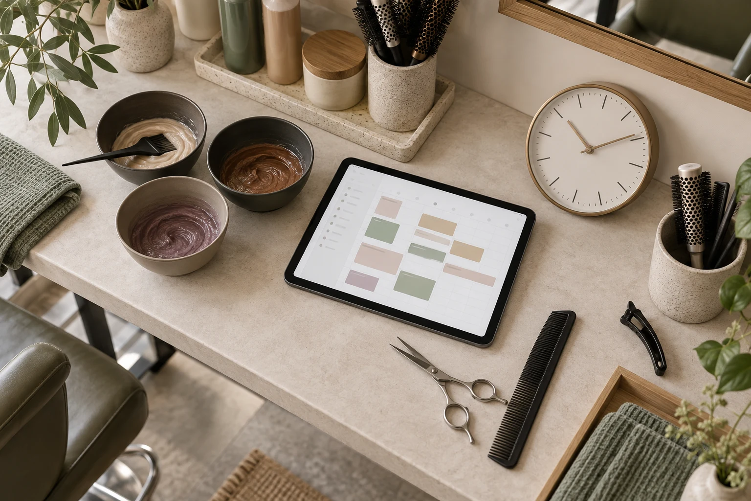 Colour bowls and tools beside a tablet with different-length appointment blocks and a clock