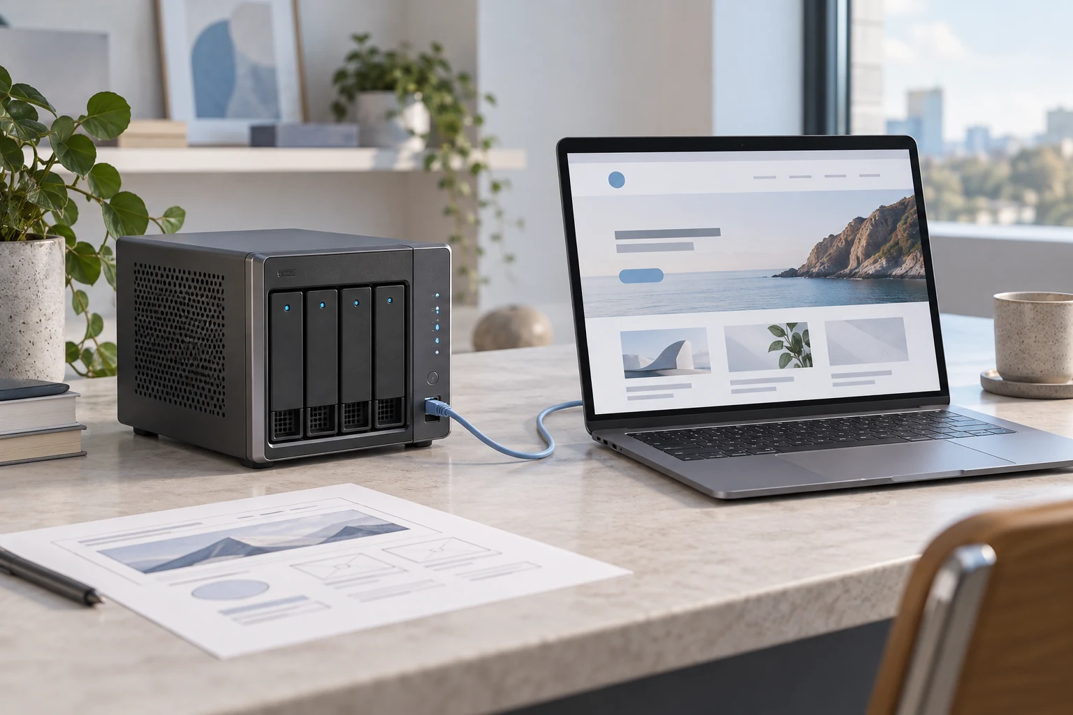 Compact server connected to a laptop displaying a business website