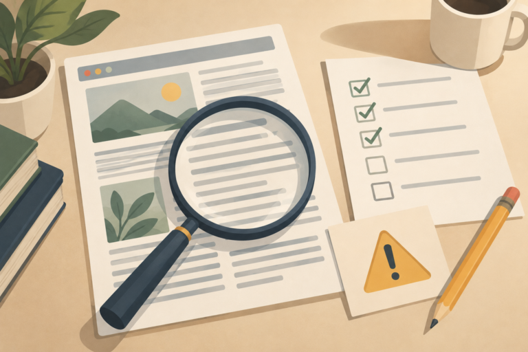Document under a magnifying glass beside a policy checklist and an unmarked warning card.