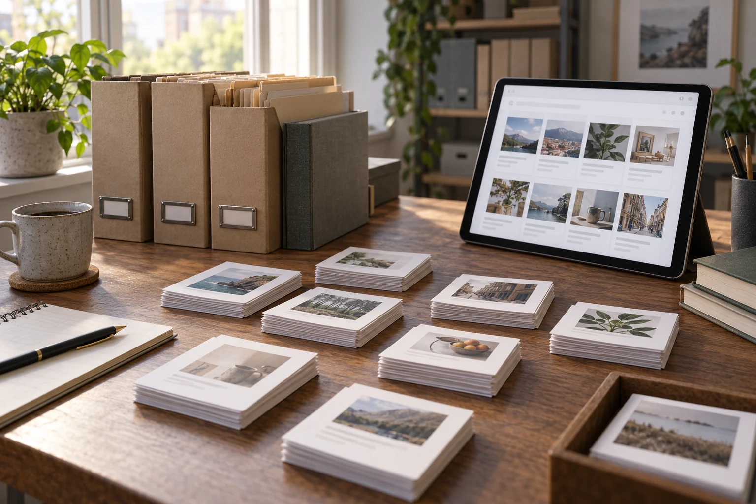 Organized content cards and archival folders beside a tablet showing a fictional article library
