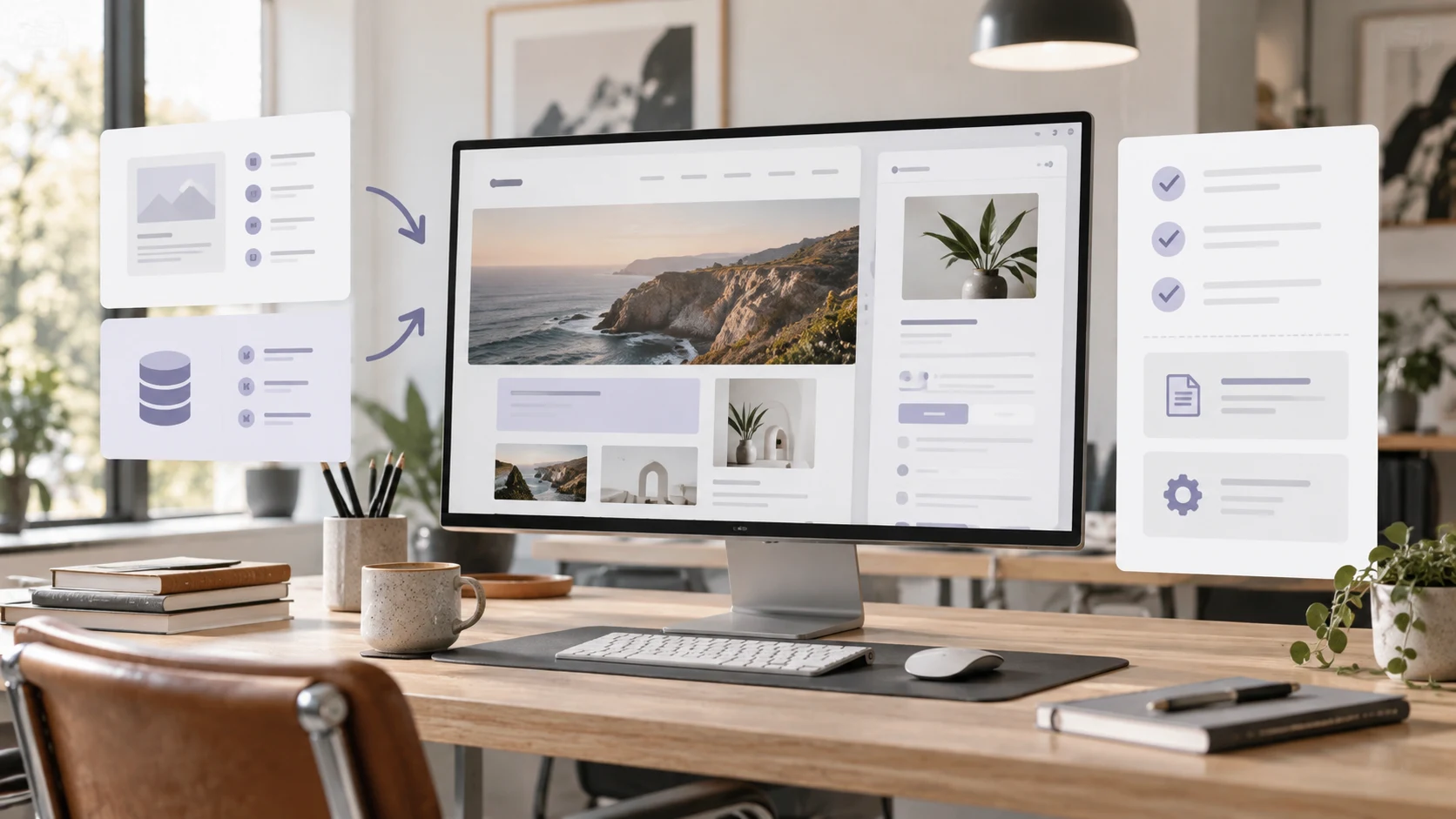 Agency workspace showing a website design and editable content panel beside static-page and function checklists