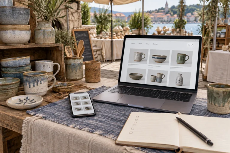 Pottery stall with mugs, a phone and a laptop showing a fictional embedded shop