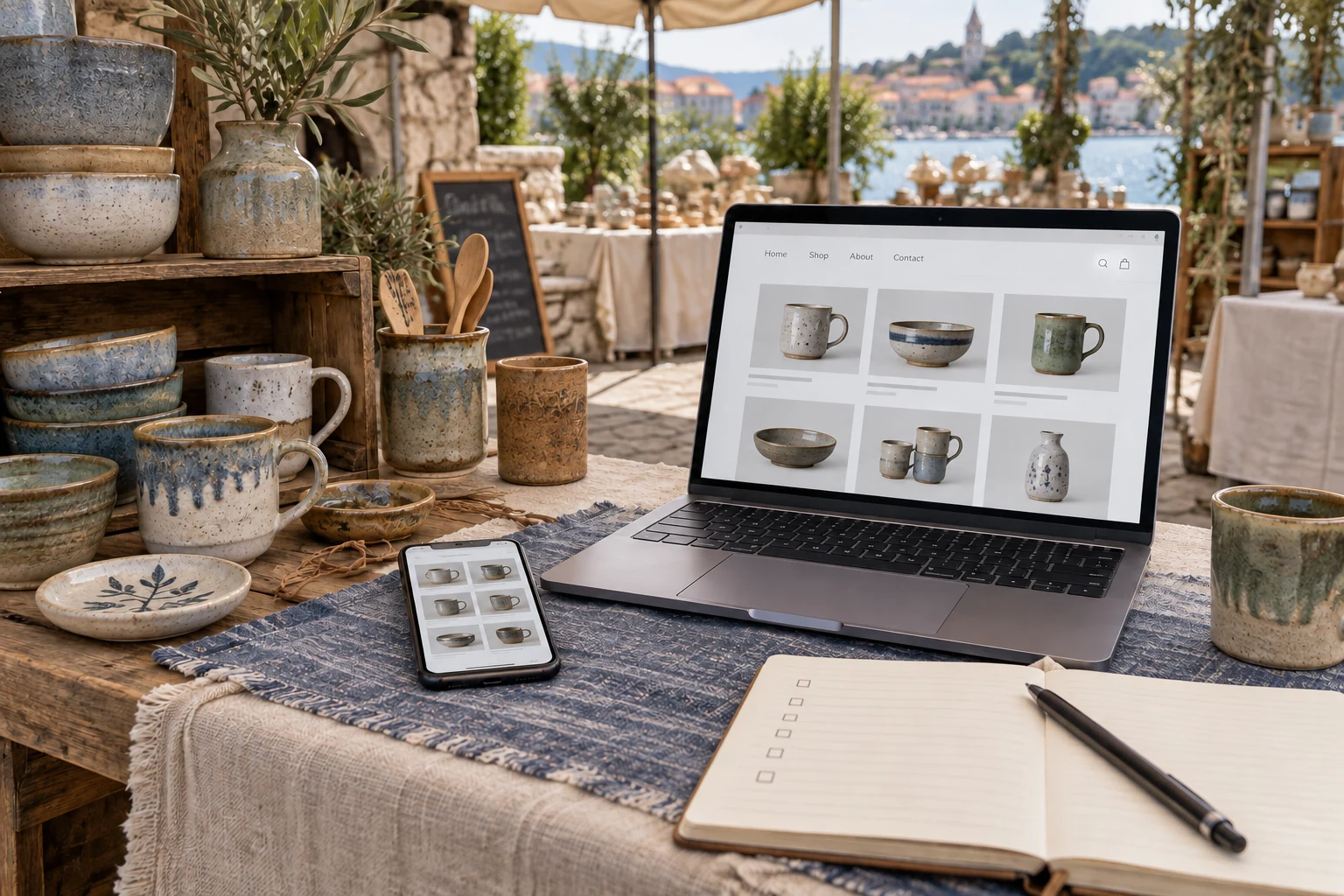 Pottery stall with mugs, a phone and a laptop showing a fictional embedded shop