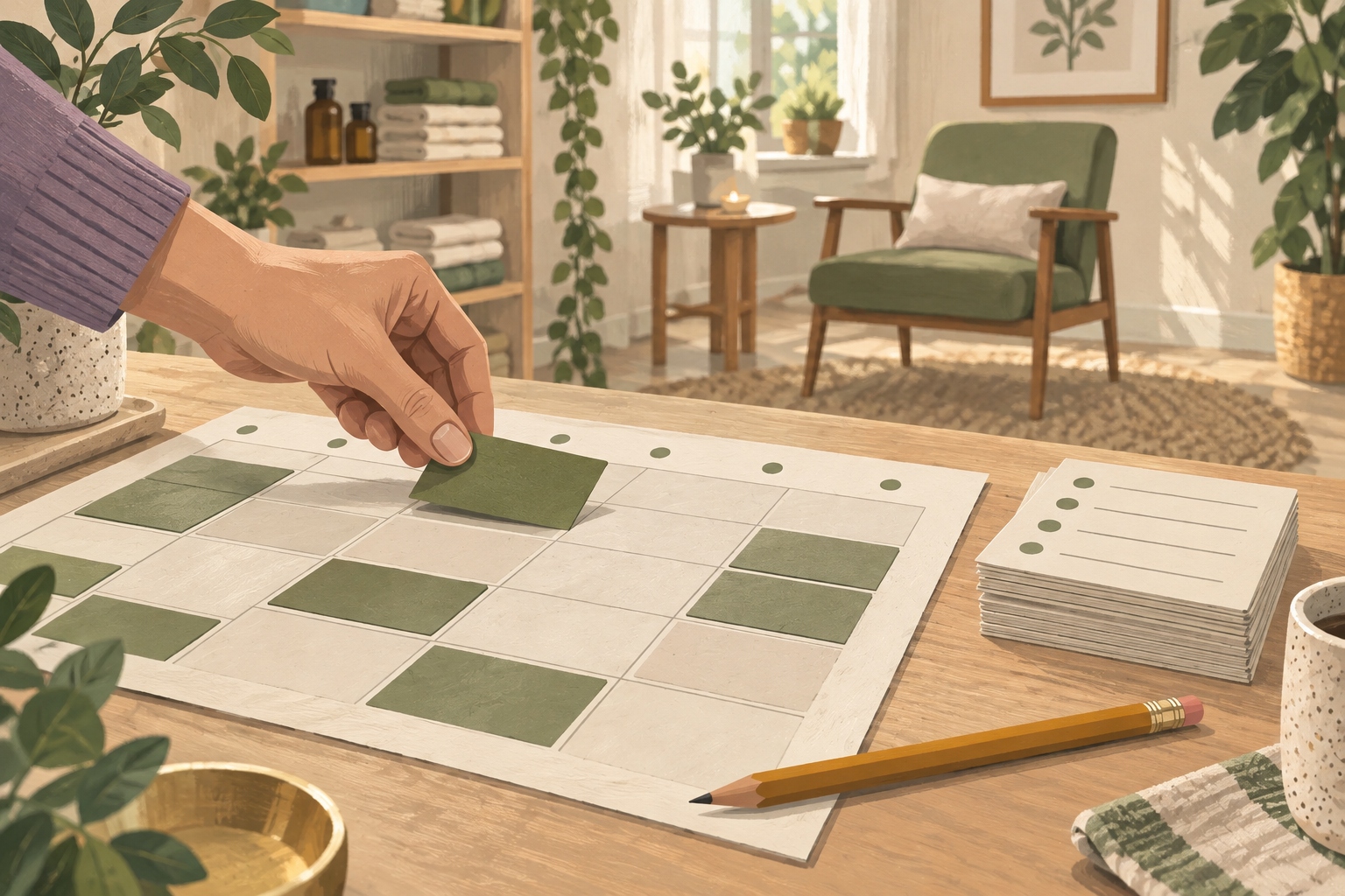 Illustrated hand placing an appointment card into an open calendar slot beside waiting-list cards