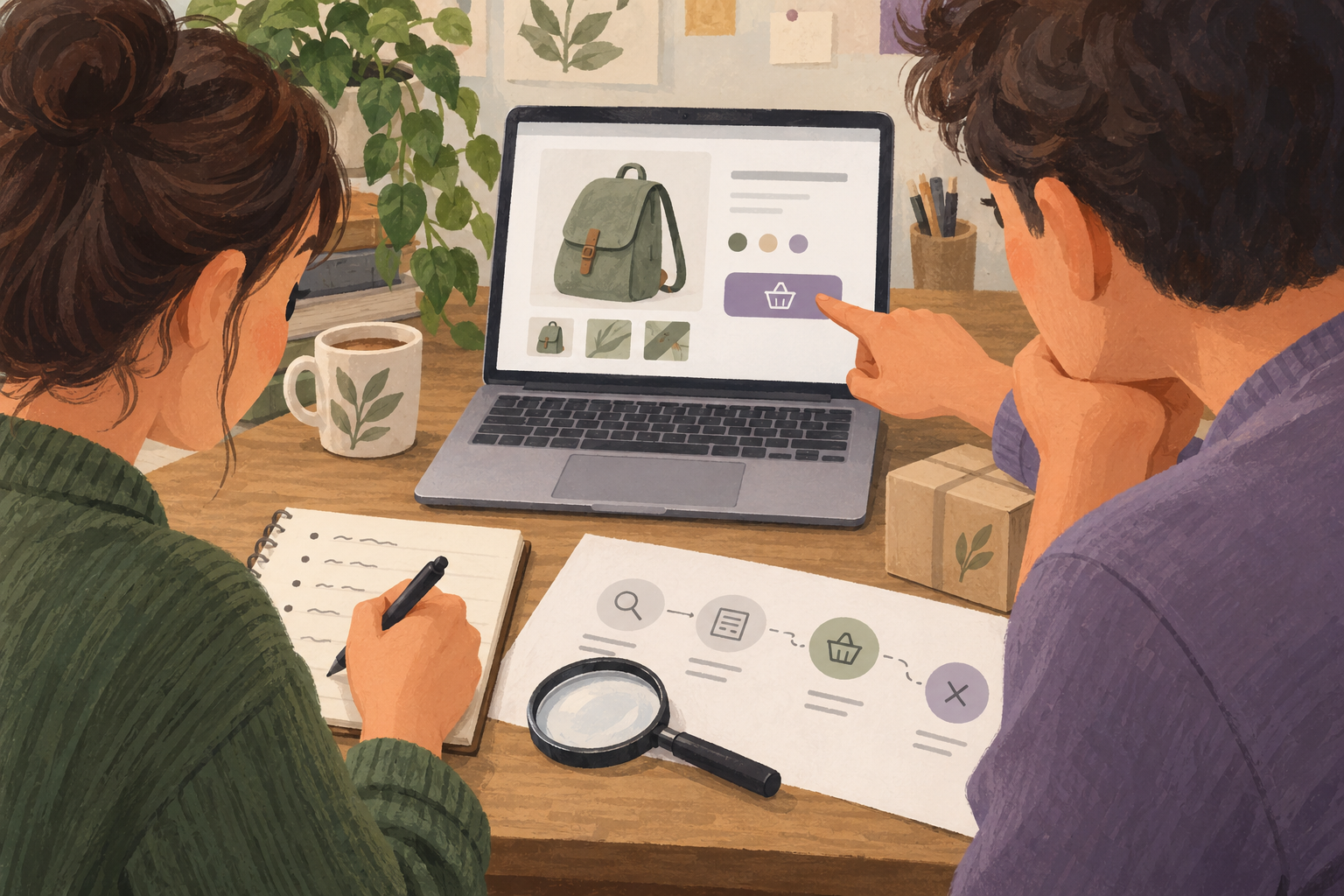 Illustrated website owner and customer reviewing a shopping task with a laptop and notebook