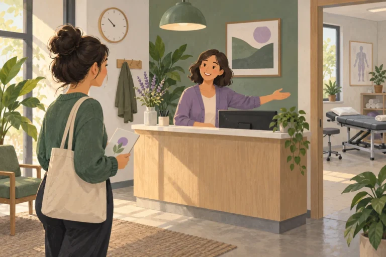 Illustrated receptionist welcoming a visitor for a first physical therapy appointment