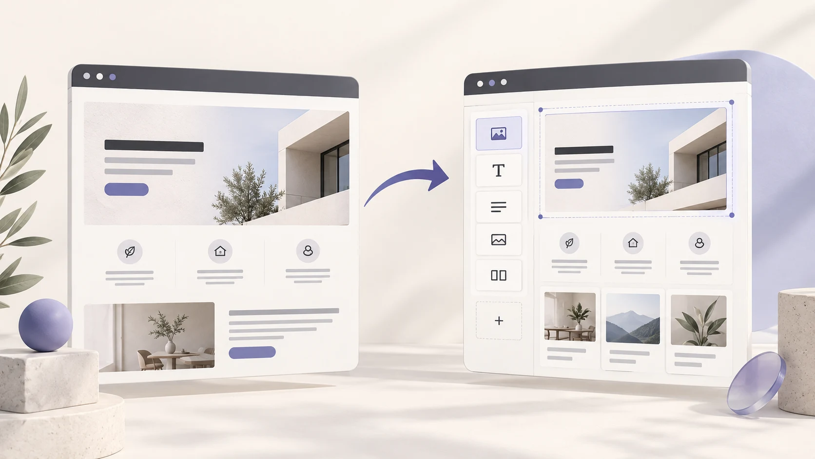 Two website layouts connected by an arrow, illustrating a move into an editable WordPress site