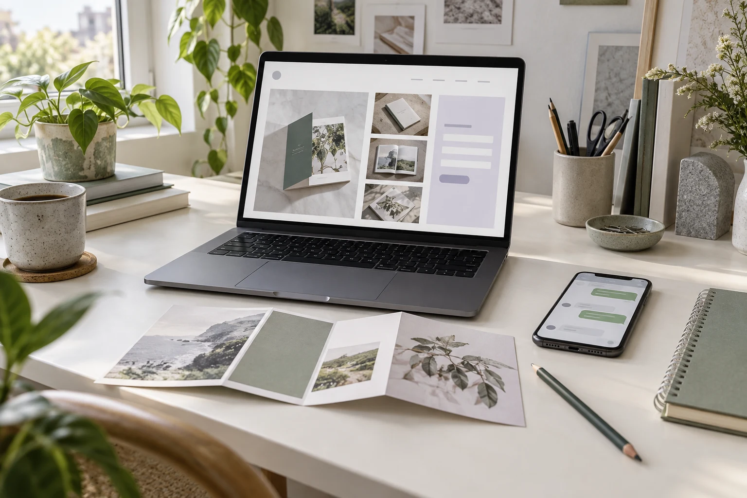 Freelance portfolio website, brochure proof and enquiry messages illustrating a service offer
