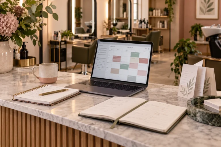 Appointment notebooks and laptop calendar at a salon reception during a system change
