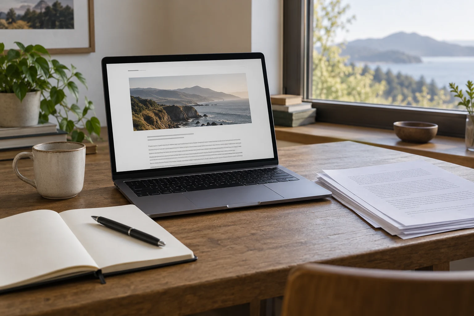 Editorial writing desk with a laptop article layout, a notebook and a small stack of printed pages