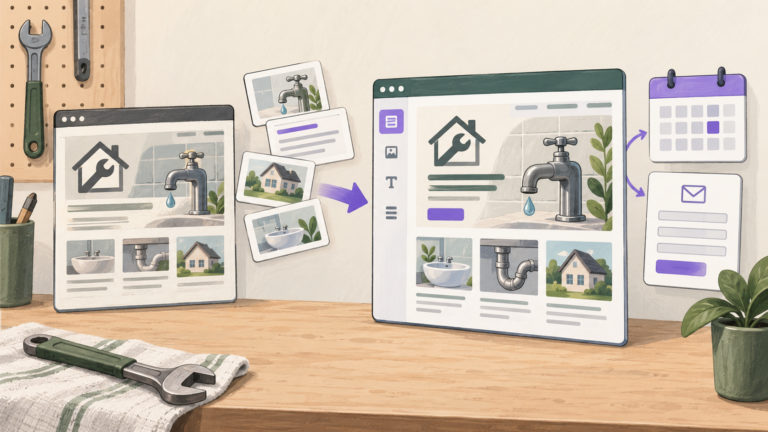 Illustrated repair-business website content moving into an editable page beside a booking calendar and contact form