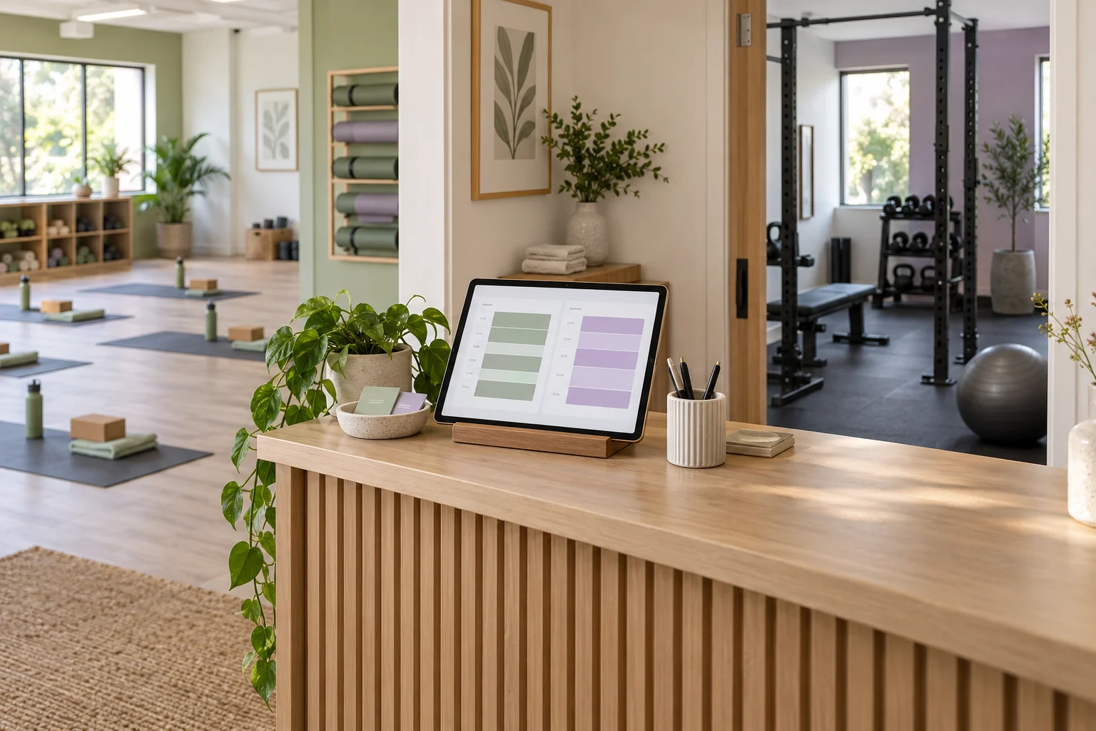 Studio reception schedule beside a group exercise room and a private training area