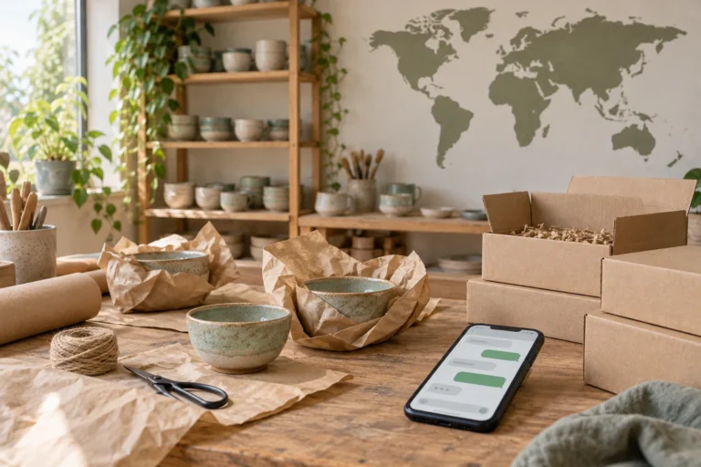 Messaging phone beside ceramic parcels prepared for international customers