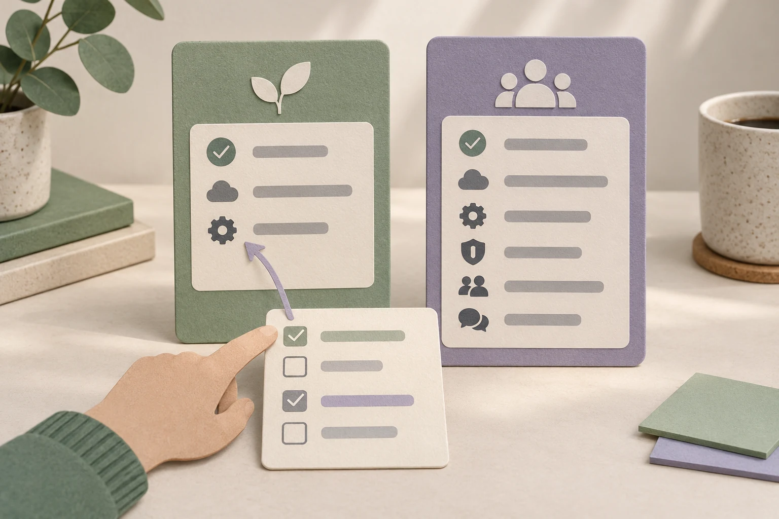Buyer requirements checklist pointing to a matching SaaS feature plan