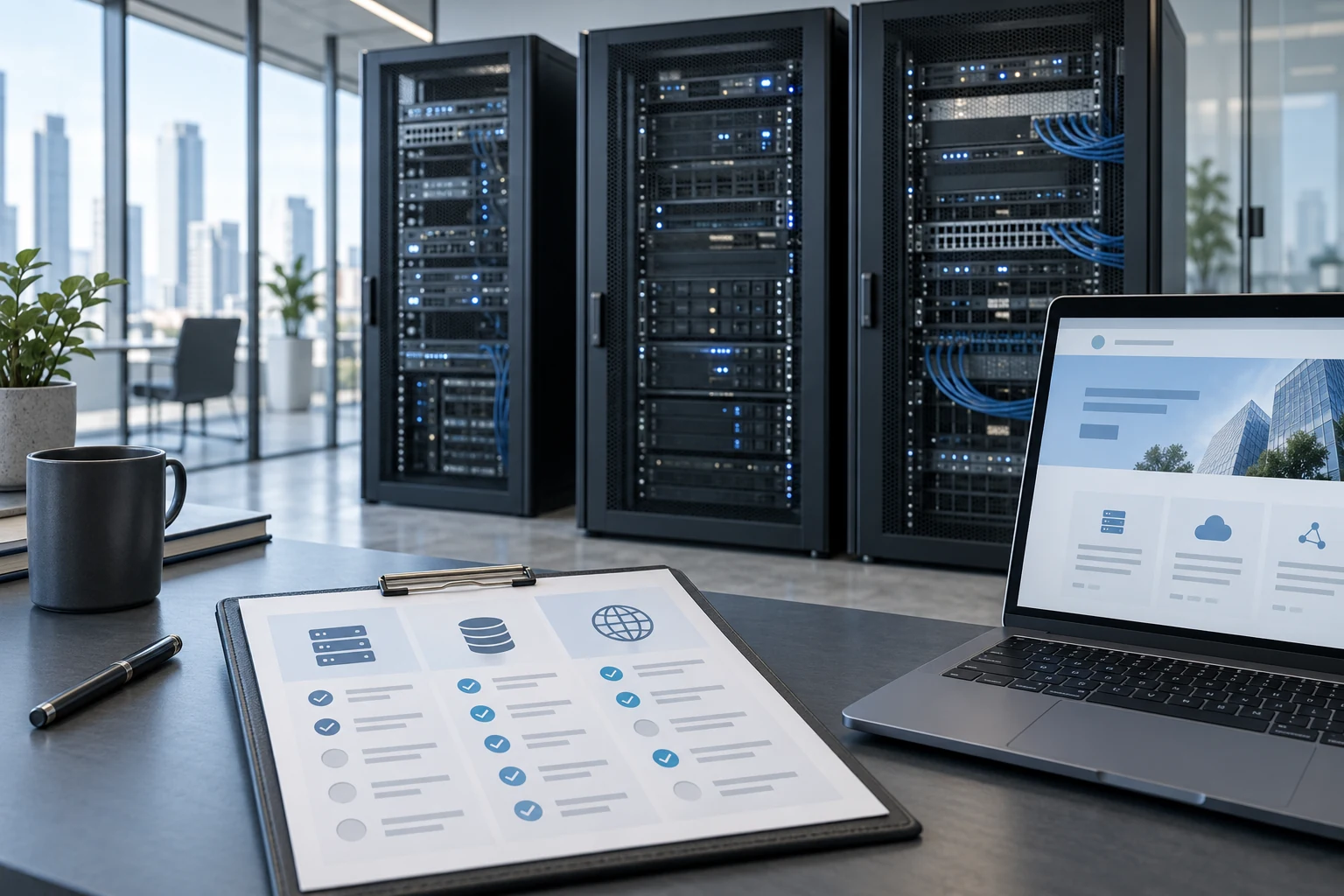 Server racks beside a laptop and an abstract hosting comparison checklist