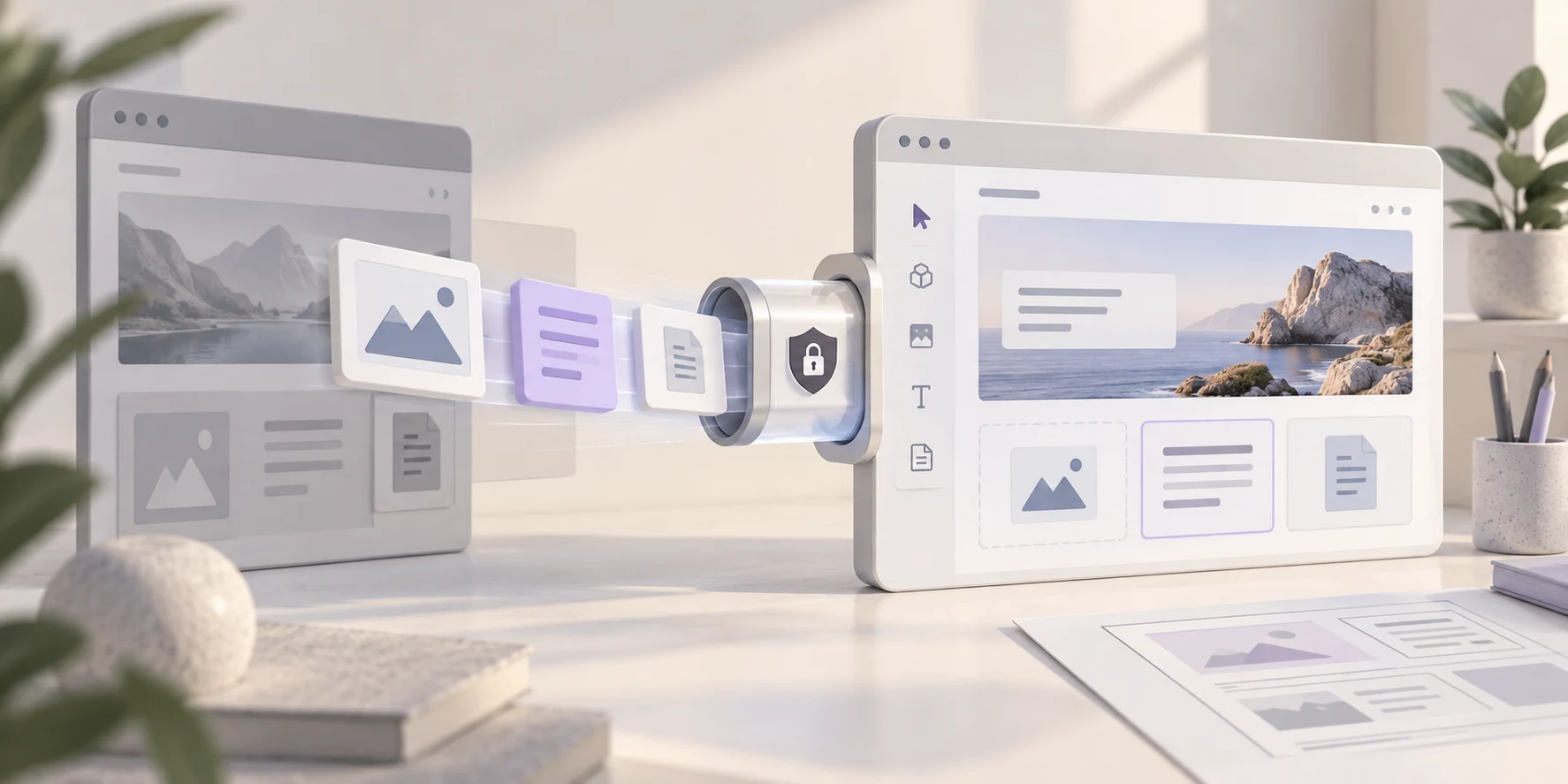 Text, image and page tiles passing through a secure connection into an editable website panel