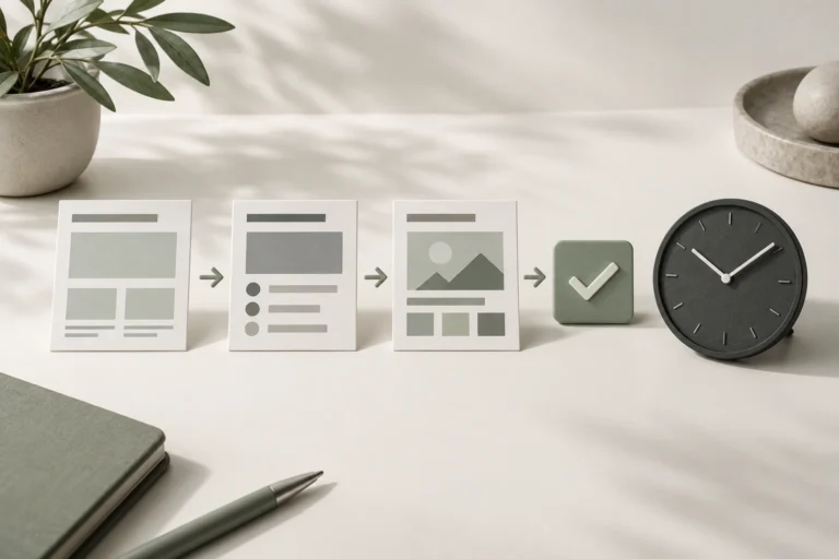 Conceptual sequence of website layout cards leading to a completion tile beside a graphite clock.