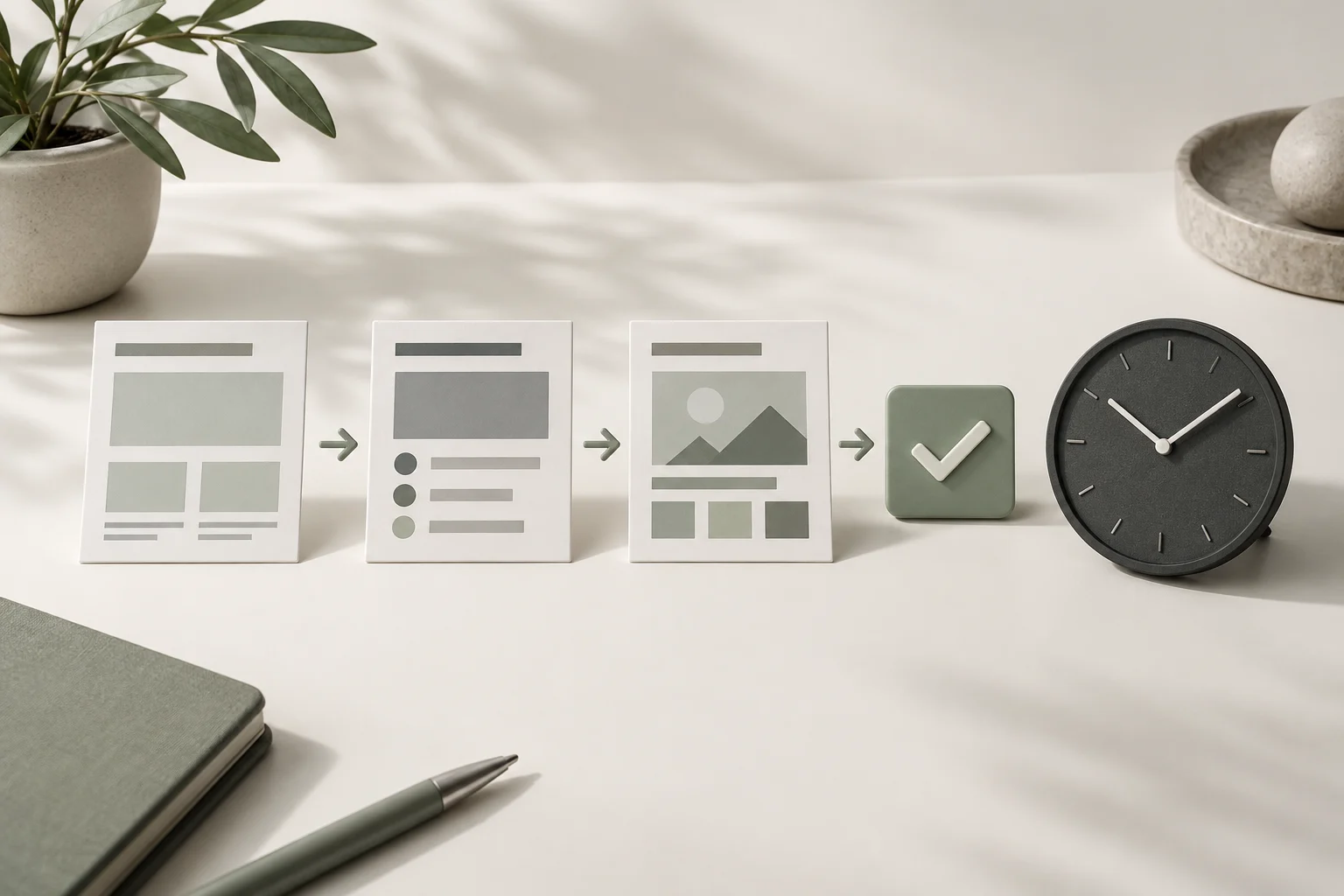 Conceptual sequence of website layout cards leading to a completion tile beside a graphite clock.