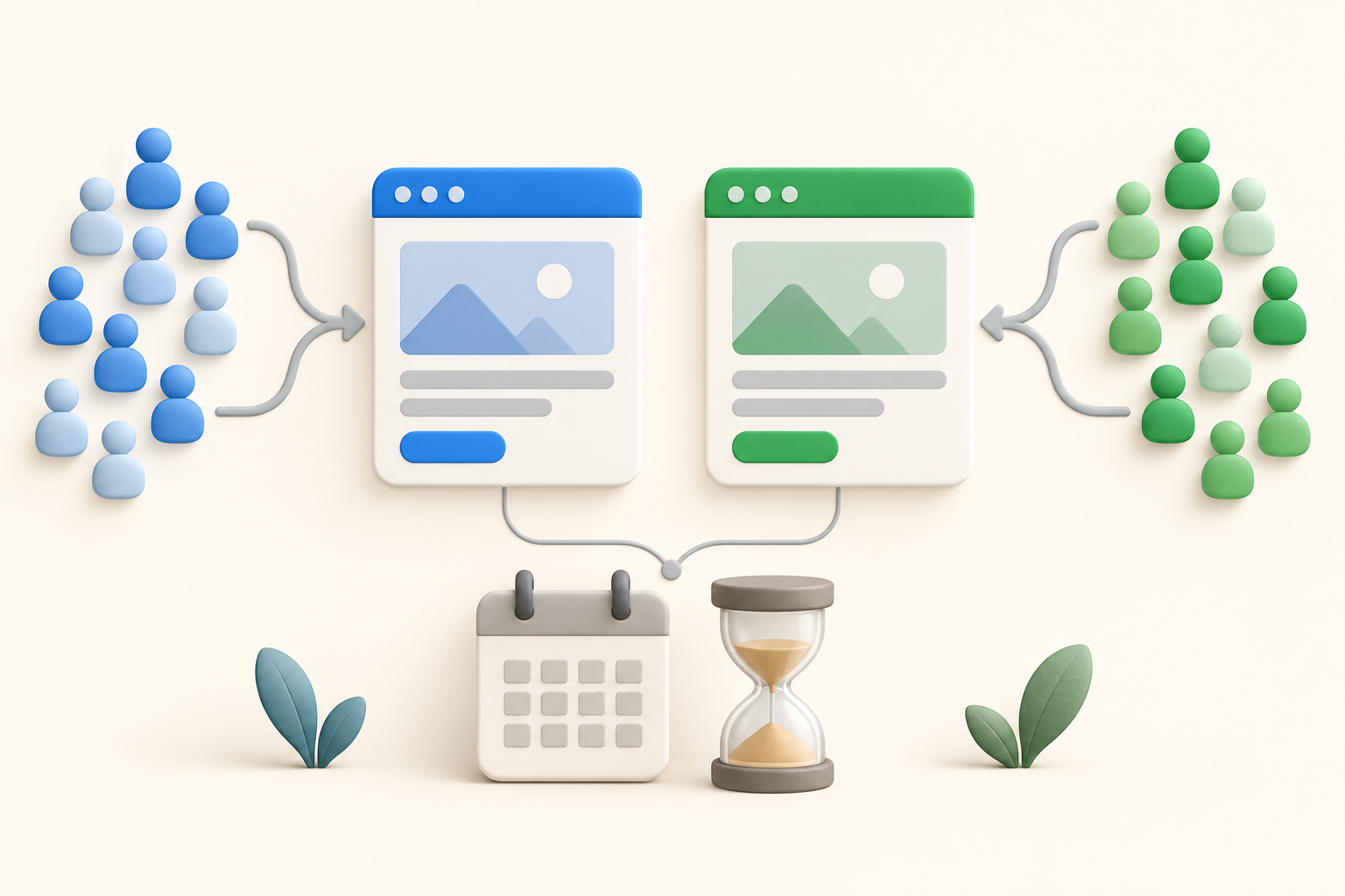 Conceptual A/B experiment with two browser variants, a calendar and an hourglass