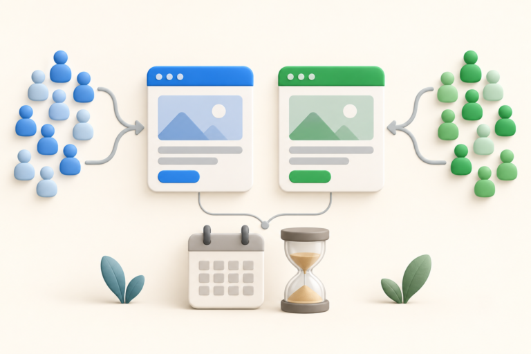 Two equal browser variants receiving participant groups beside a calendar and hourglass