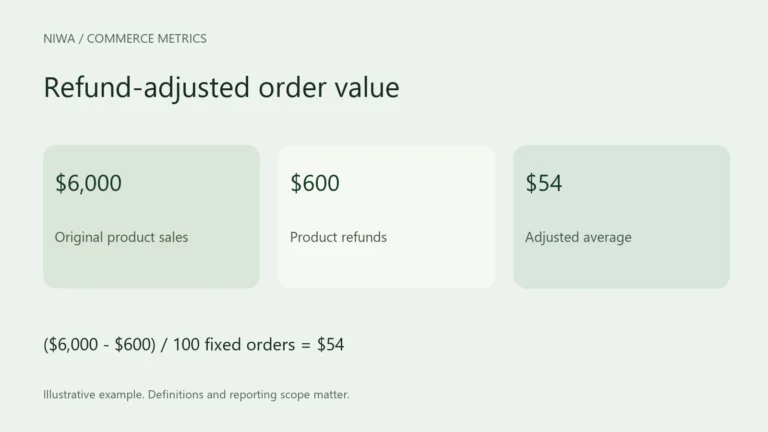 Refund-adjusted order value. ($6,000 - $600) / 100 fixed orders = $54