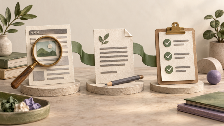 Illustrated crawl inspection, metadata drafting and approval arranged as a connected paper workflow