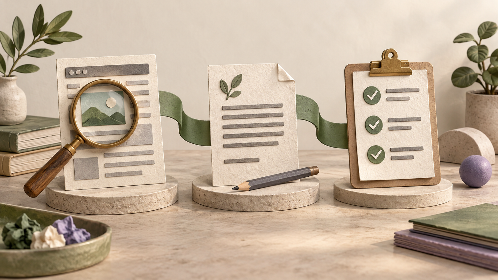 Illustrated crawl inspection, metadata drafting and approval arranged as a connected paper workflow