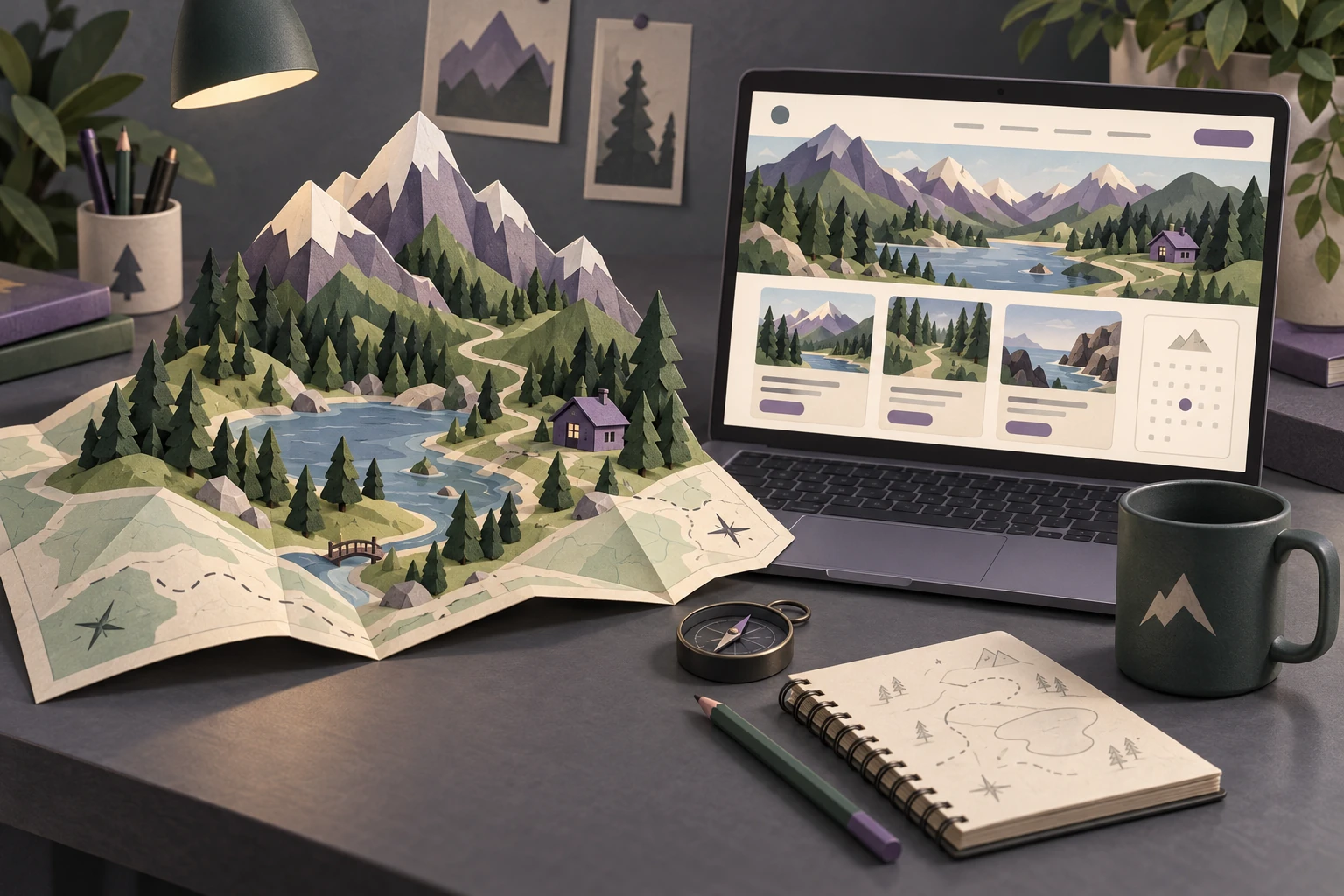 Paper mountain tour landscape and route map beside a laptop with illustrated trip pages